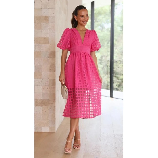 BEAUTY SQUARE PATTERNED FABRIC PUFF SLEEVE MIDI DRESS